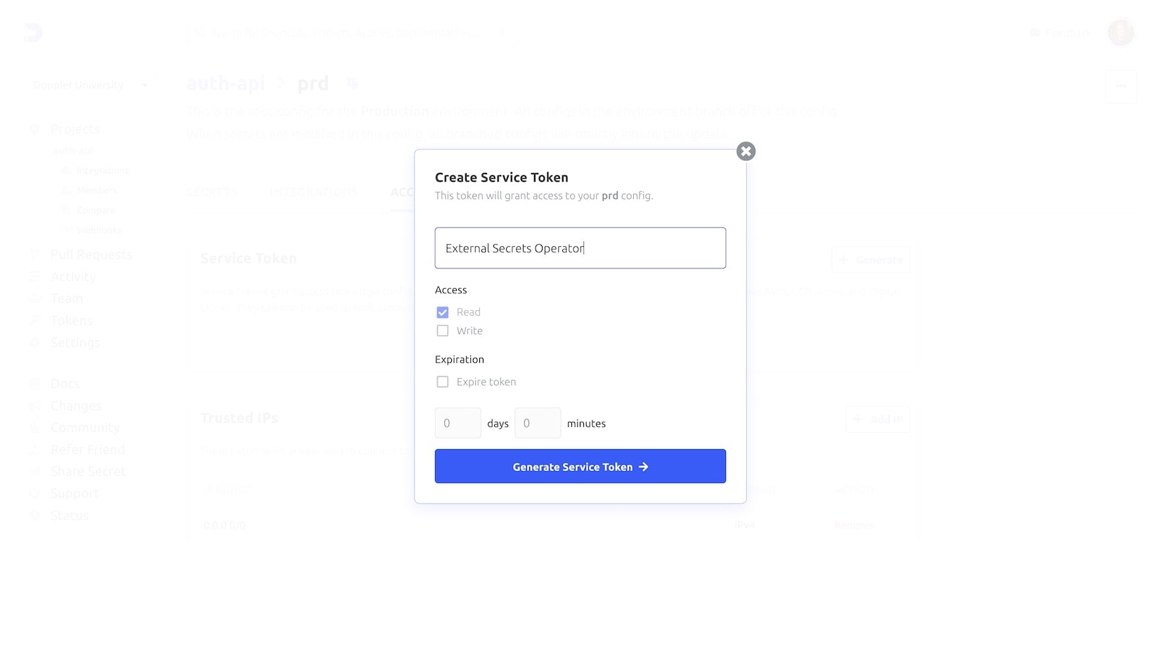 Create Doppler Service Token